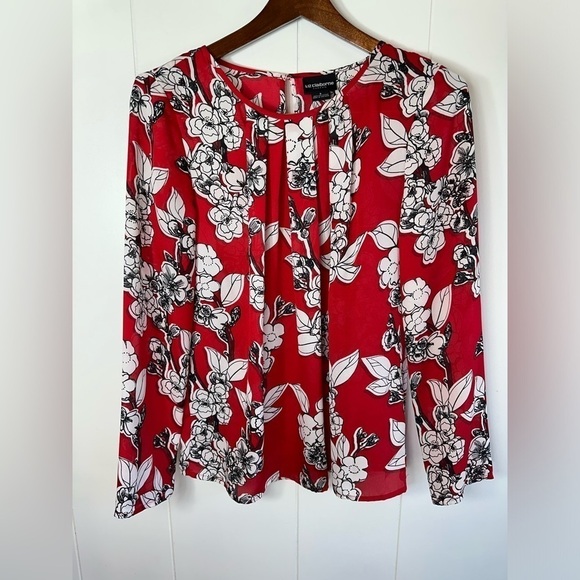 Liz Claiborne Career Red and White Floral Sheer Blouse Size Small - Picture 3 of 10